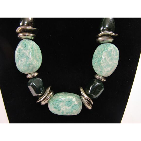 Green Silver Tone Chunky Agate Stone Collar Necklace VTG 12" Whimsical Choker - Picture 2 of 8